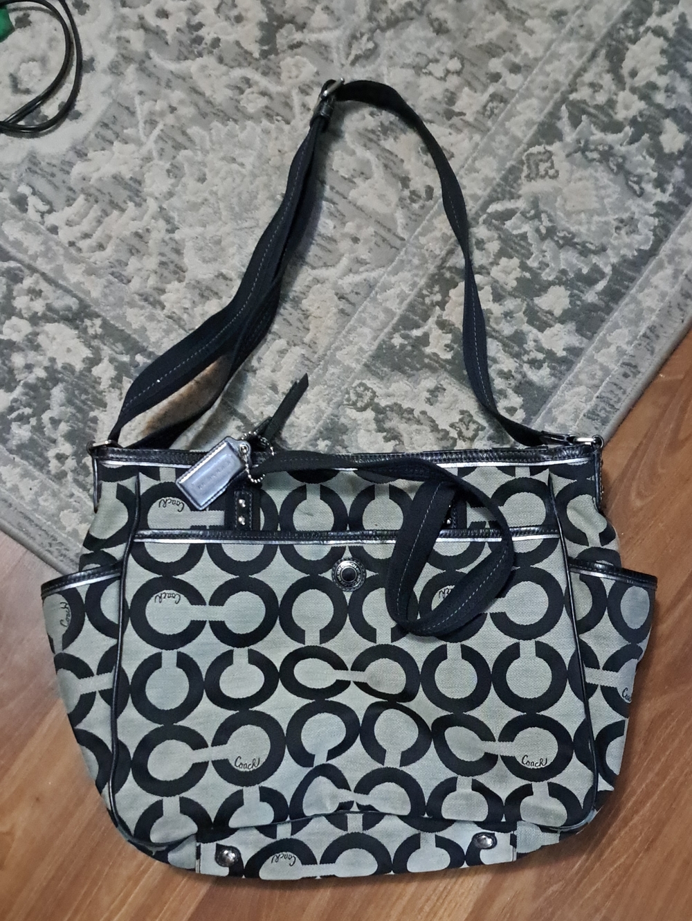 Coach Black and Cream Signature Diaper Bag